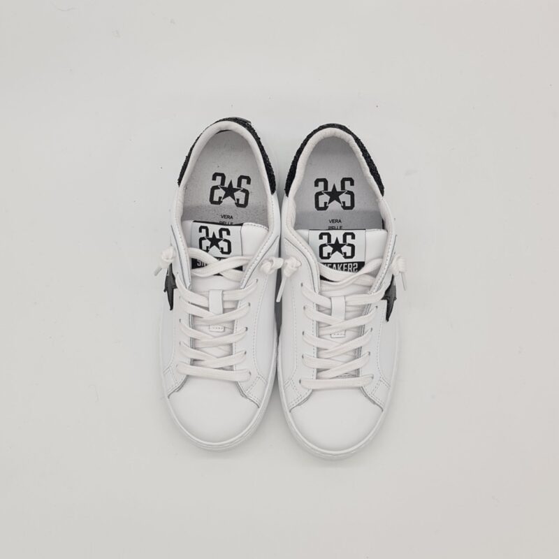 2Stars sneakers Low donna bianca e nera talloncino glitter neri