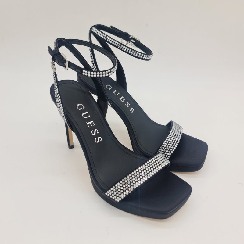 Guess sandalo donna in raso nero con strass argento tacco 11cm