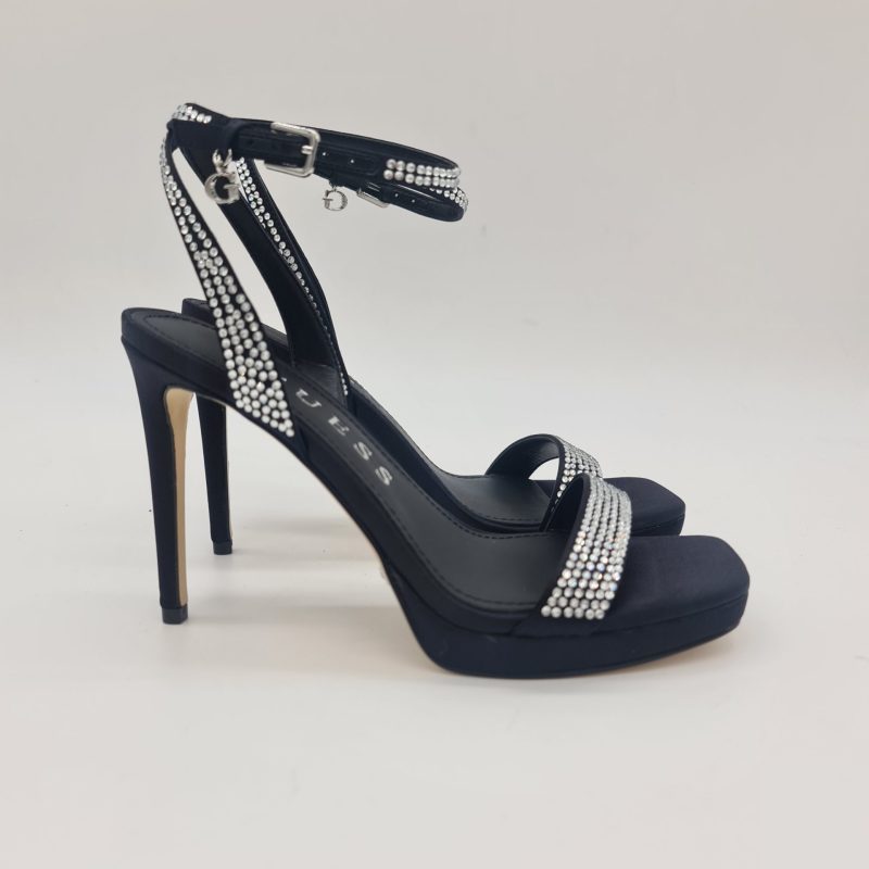 Guess sandalo donna in raso nero con strass argento tacco 11cm