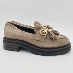 Les Tulipes mocassino donna camoscio taupe con nappine