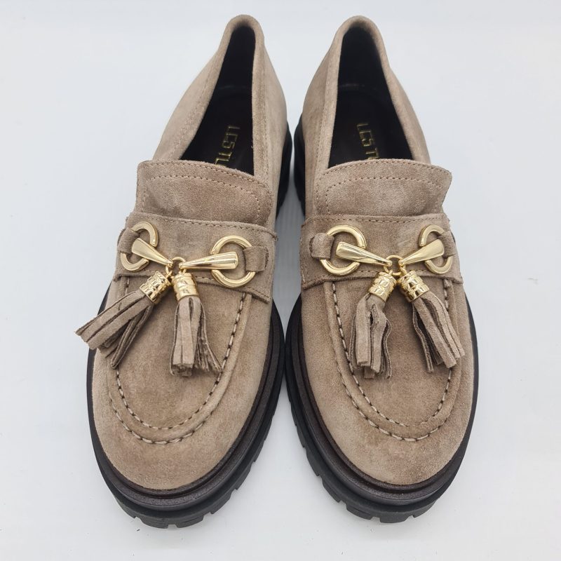 Les Tulipes mocassino donna camoscio taupe con nappine