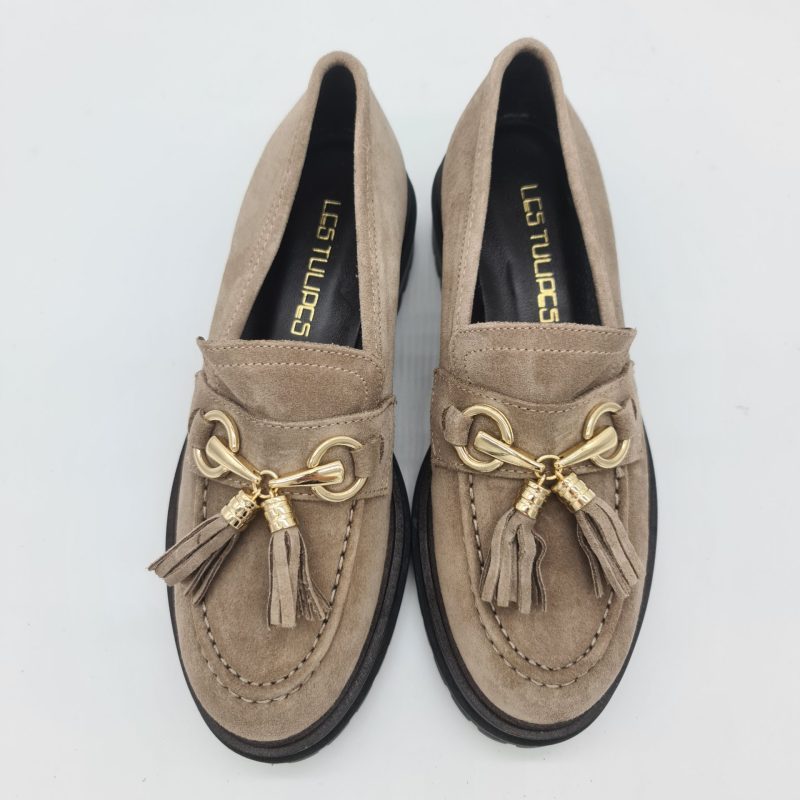 Les Tulipes mocassino donna camoscio taupe con nappine