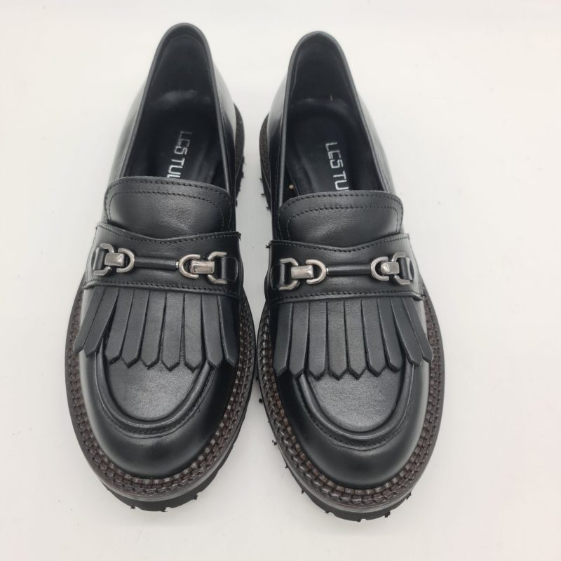 Les Tulipes mocassino donna pelle nera con frange e morsetto