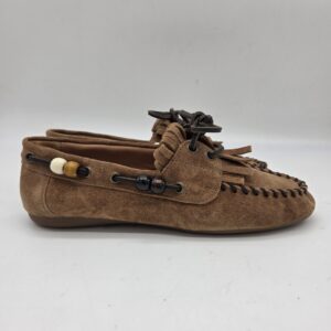 Divine Follie mocassino donna camoscio cuoio con laccetti perline e frange fondo gomma